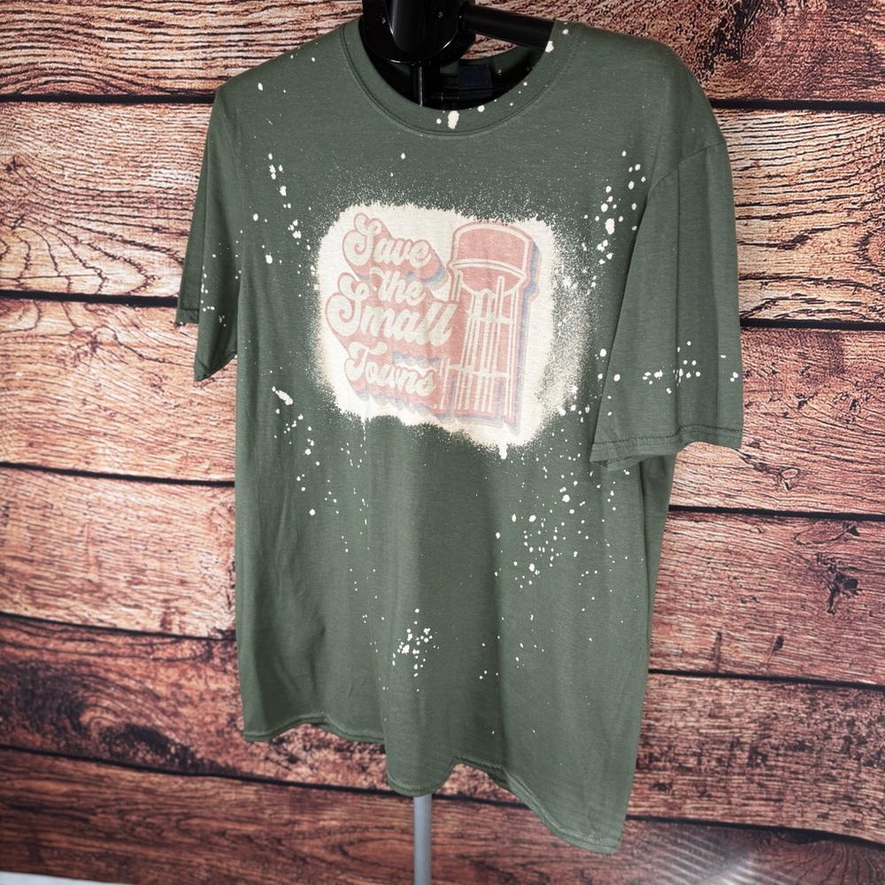 Gildan Save the Small‎ Towns Graphic T-Shirt Green Bleach Splatter Mens Large - Picture 3 of 12